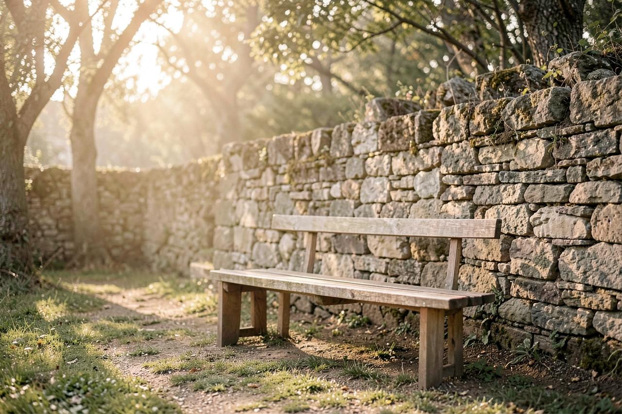 Houten bank in een stille tuin bij een oude stenen muur in zacht ochtendlicht