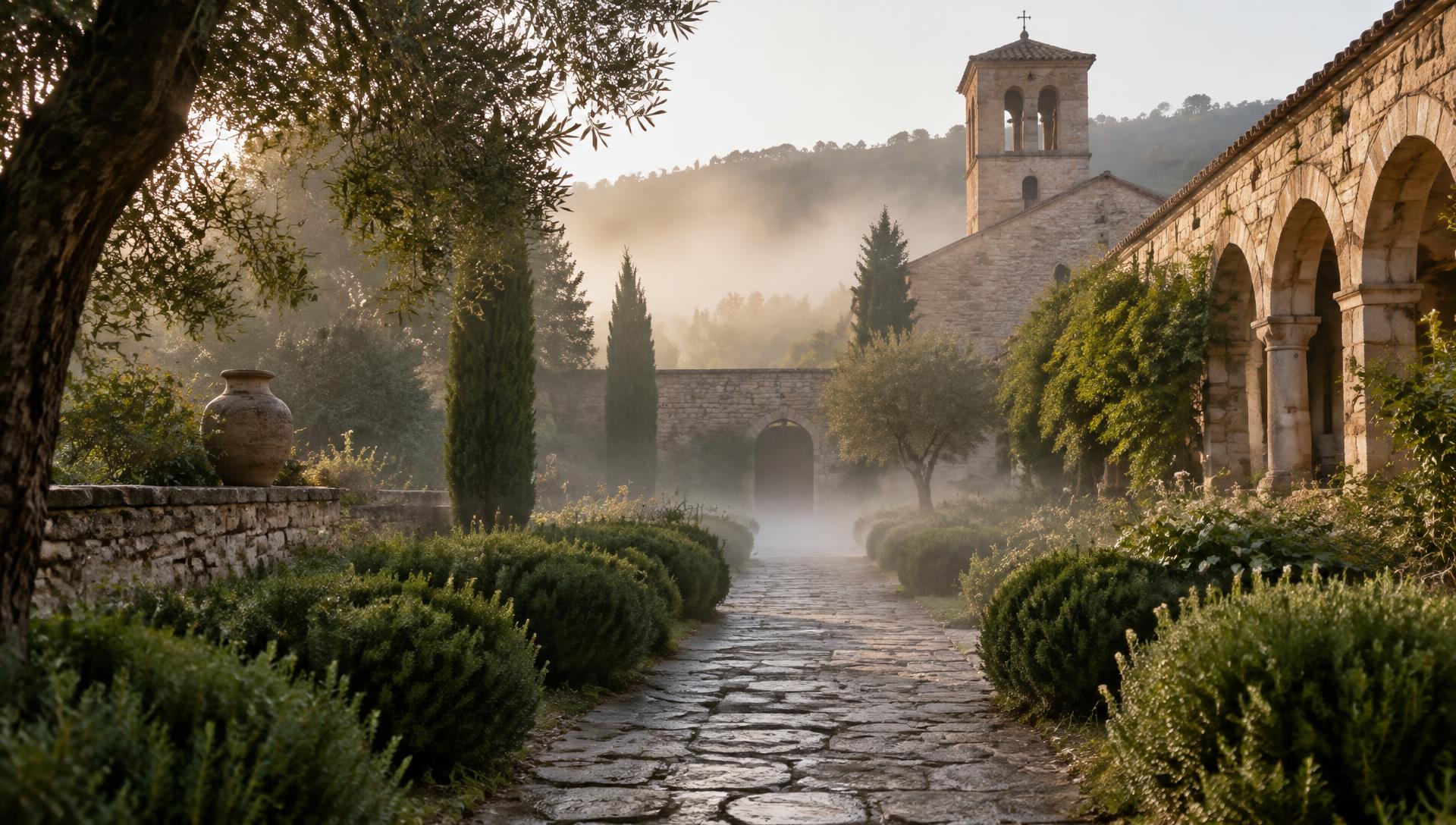 Stille kloostertuin in vroeg ochtendlicht met een pad tussen groene struiken en mist over de grond
