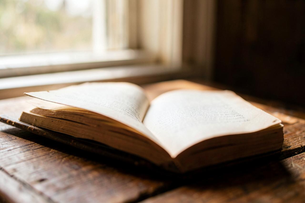 Opengeslagen oud boek op een houten tafel bij een raam in zacht daglicht