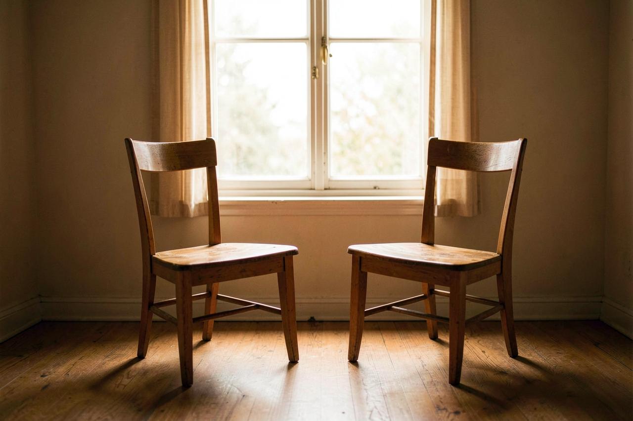 Twee lege houten stoelen tegenover elkaar bij een raam in een rustige kamer